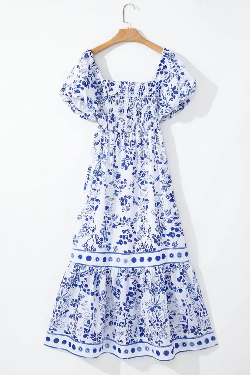 Sky Blue Floral Print Square Neck Bubble Sleeve Dress - Love Salve
